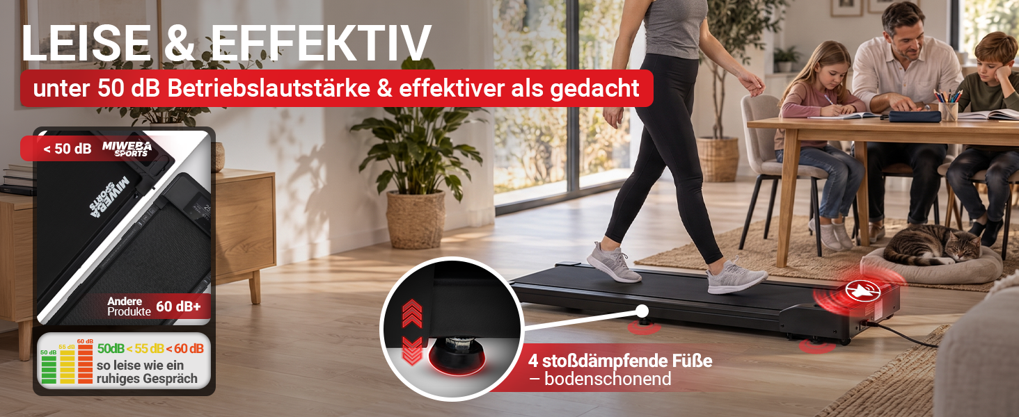 Miweba Sports Laufband – Leiser Betrieb & Stoßdämpfung Miweba Sports Laufband mit unter 50 dB Betriebslautstärke und vier stoßdämpfenden Füßen für leises, bodenschonendes Training zu Hause.